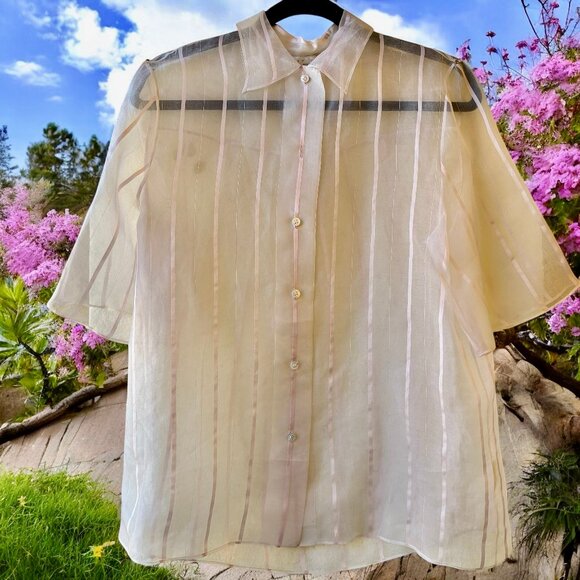 Perry Ellis SHEER SILK Blouse Pink Stripes Button Front Top Vtg 80's Womens 12 - Picture 4 of 11
